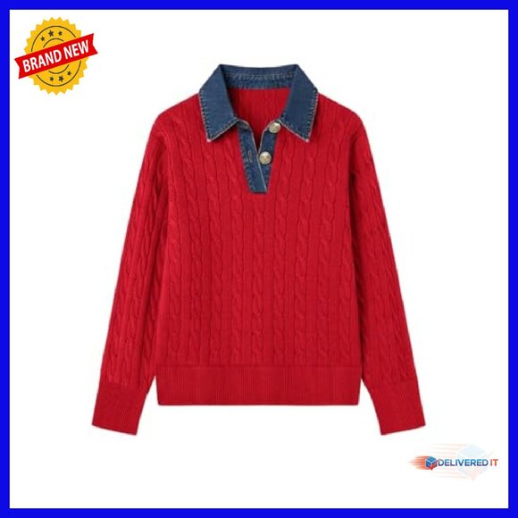 Denim Lapel V-Neck Cable Knit Pullover Sweater Long Sleeve Loose Fit - Picture 5 of 8